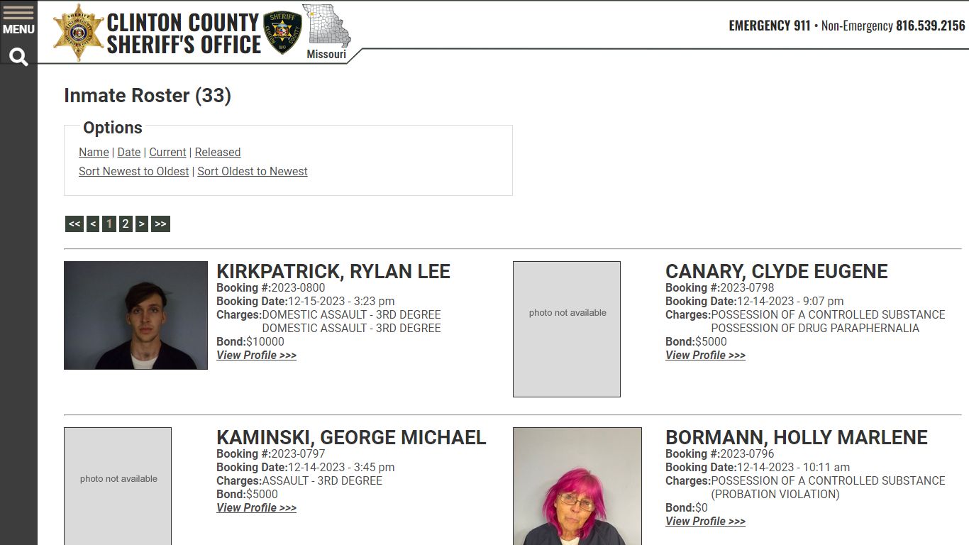 Current Inmates Booking Date Descending - Clinton County Sheriff's Office